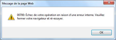 Erreur 00700 : Votre opération a échoué en raison d'une erreur interne.